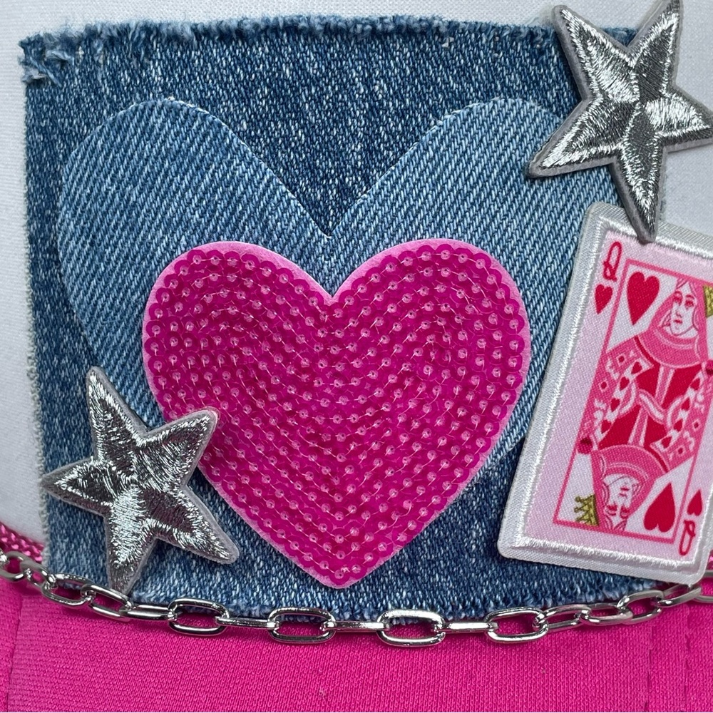 NEW Queen of Hearts Trucker Hat Denim Pink Sequins Hearts Silver Stars & Chain - Picture 3 of 9